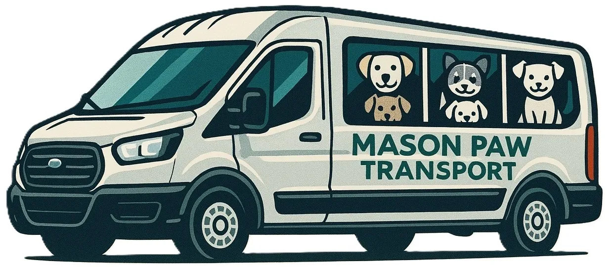 Illustration of the Mason Paw Transport van with pets in the windows